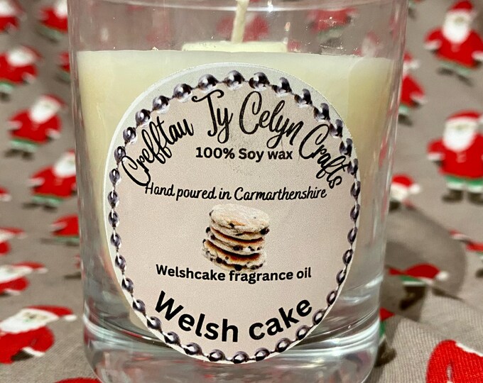 Cannwyll  'pice ar y main' 'wedi ei wneud a llaw/ Handpoured 'Welshcake'' pure soy wax candle in a glass jar