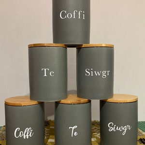 Nwyddau cegin Cymraeg - Set Tê , Coffi , Siwgr/ Welsh kitchen storage jars Tea, Coffee & Sugar Grey or white
