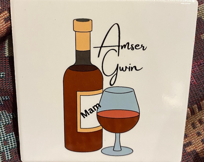 Amser Gwin ceramic coaster (can be personalised) Welsh gin o clock ceramic coaster