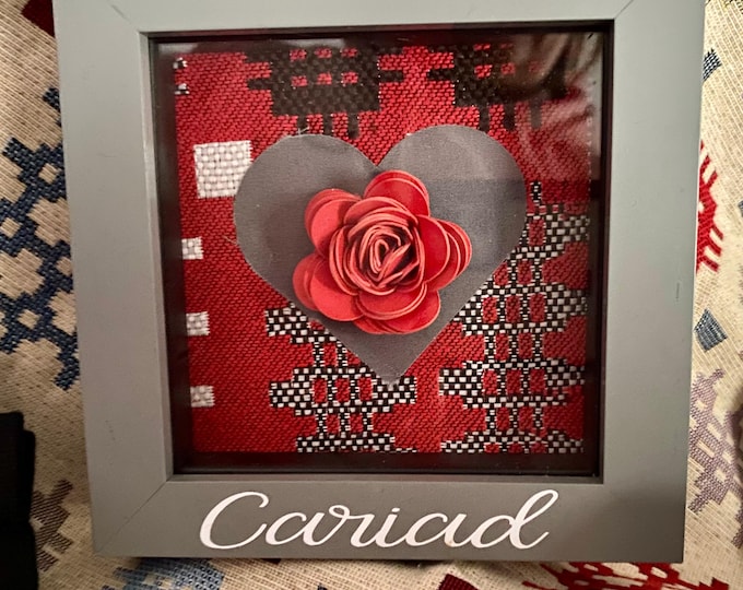 Cariad (Welsh for Love)  3d box frame, with Welsh blanket fabric & handmade paper rose. .Ffram ‘Cariad’ brethyn Cymreig. Santes Dwynwen.