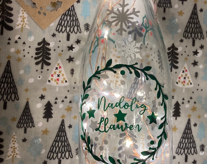 Botel Nadolig Llawen wedi ei oleuo/ Nadolig Llawen (Merry Christmas) illuminated bottle - hand decorated, LED lights can be personalised