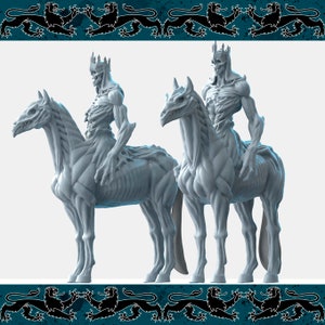 May include: Two gray, skeletal, crowned figures riding skeletal horses. The figures are humanoid with long, bony fingers and a skeletal face. The horses are skeletal with a long, bony skull and a long, bony tail.
