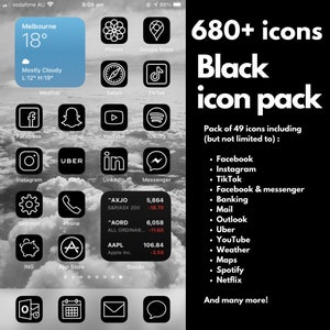 680+ pack | Black iOS14 Icon Pack | iPhone | (Digital Download) Noir