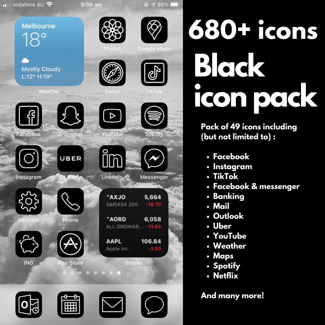 680 Pack Black Ios14 Icon Pack Iphone Digital Etsy