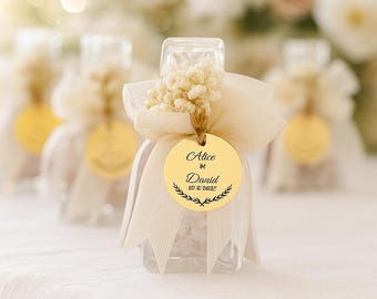 Crystal Cologne Bottle Wedding Favors for Guests • Gold Acrylic Tag • Baby Breath Ribbon Favor