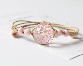 Dried Flower Resin Silver Adjustable Bracelets Queen Anne/'s Lace Dried Flower Bracelet