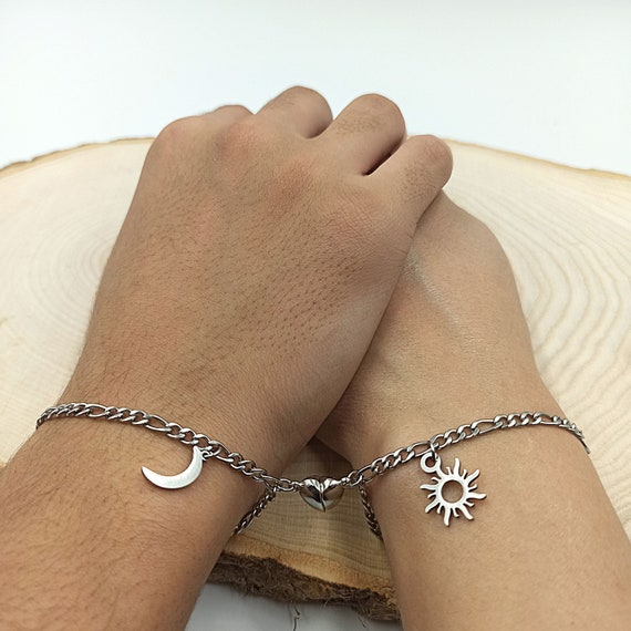 Stainless Steel Sun and Moon Bracelet With Heart Magnets Couples