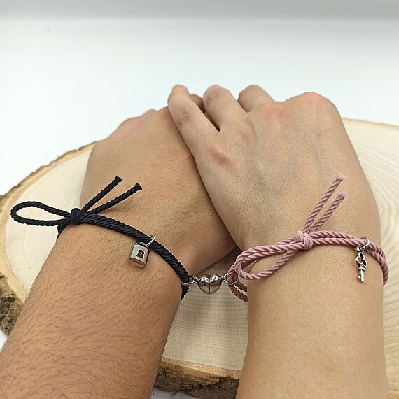 Lock and Key Bracelet Set for Couples Magnetic Heart Clasp Braided