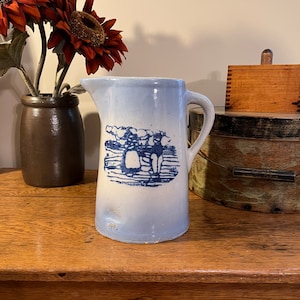 Antique Blue and White Salt Glaze Stoneware Pitcher with Dutch Landscape