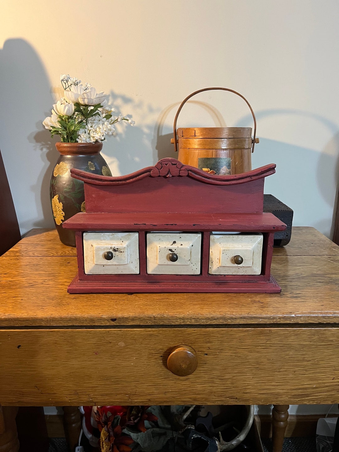 Red Shelf Table Hanging / Sitting Dark Red Shelf With Antique White Ceramic Drawers - Etsy