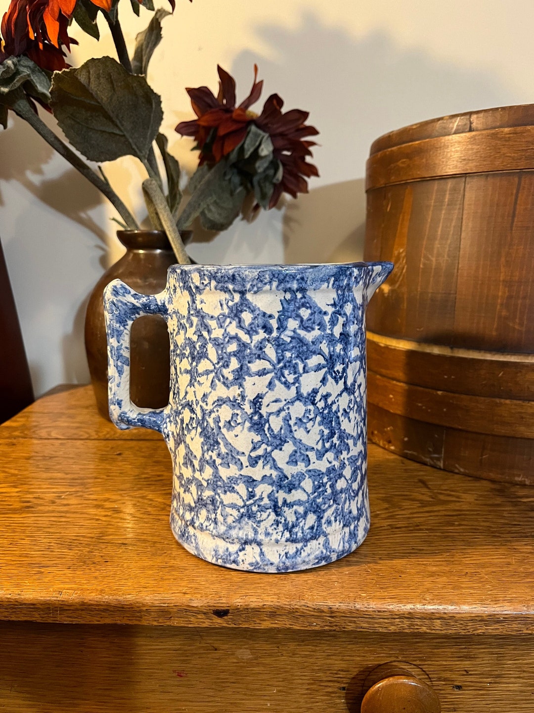 Antique Blue and White Spongeware Pitcher Etsy