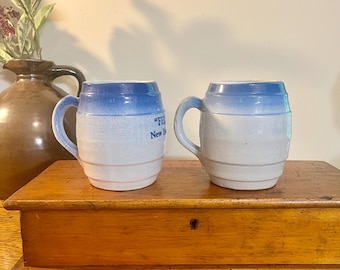 2 Antique Blue and White Stoneware Barrel Mugs