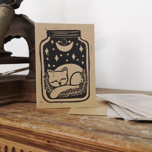 Carte chat illustration linogravure