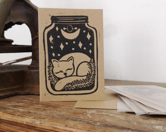 Carte chat illustration linogravure