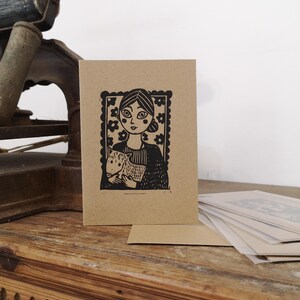 Carte femme renard illustration linogravure