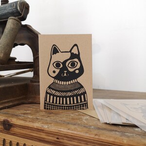 Carte chat illustration linogravure