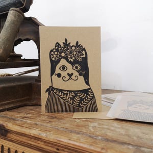 Carte chat illustration linogravure