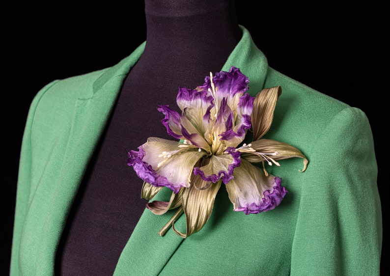 Iris brooch Purple flower pin Silk flower brooch Iris pin image 7