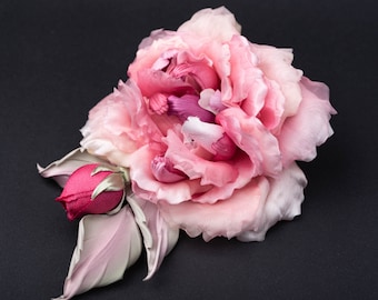 Silk rose brooch • Pink flower pin • Elegant brooch