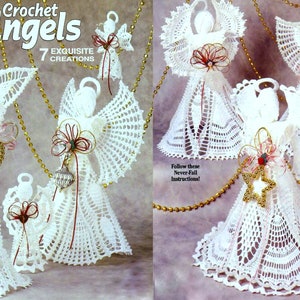 May include: A book cover featuring seven crocheted angels in white with red and gold accents. The title of the book is "Crochet Angels" and it says "7 Exquisite Creations".