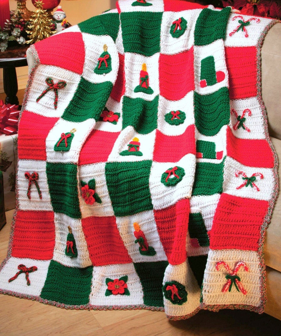 RETIREMENT SALE *** Vintage Crochet Pattern Christmas Decorations Afghan  Wreath Bell Candle Boot Poinsettia Candy Cane  Throw Blanket