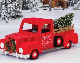 RETIREMENT SALE *** RARE Vintage Pattern Plastic Canvas  Christmas Red Truck  Christmas Decor Ornament Decoration Bringing Home the Tree