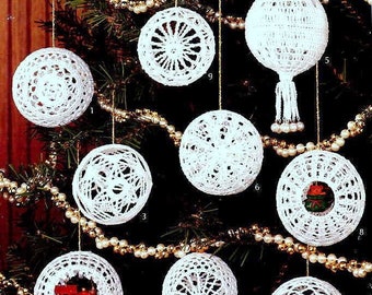 Vintage Crochet Pattern  Snowballs 9 designs   Christmas Tree Decorations Baubles   Tree Trims  Holiday Ornaments White Thread