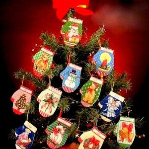 Vintage Christmas Cross Stitch Pattern  Mini Mittens  Tree Trims Ornaments Holiday Ornament Decoration Mitts Gloves Miniature