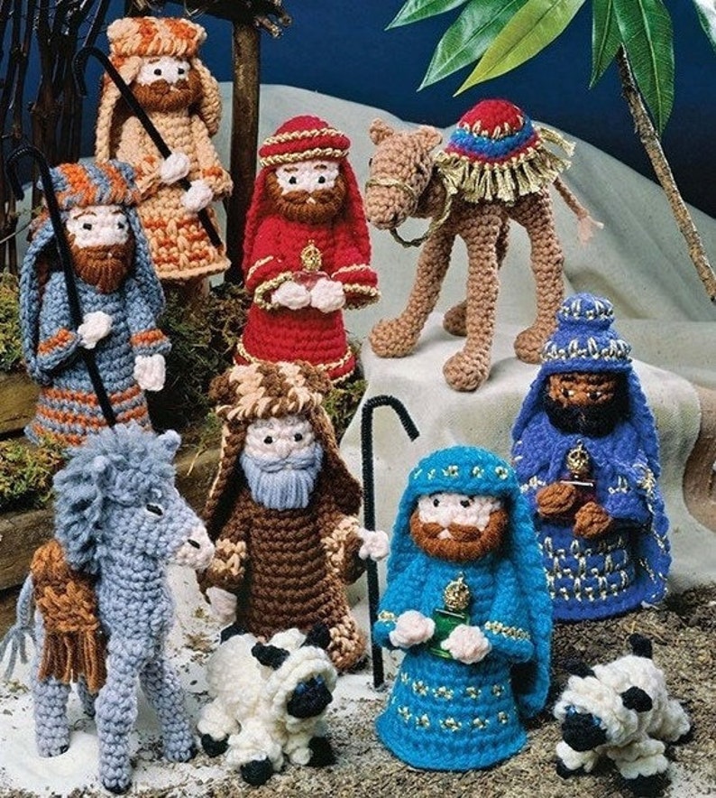Vintage Crochet Pattern Christmas Nativity Scene Christmas Decorations Creche Angel Donkey Camel Holiday Decoration Tree Trim image 1