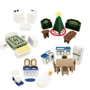 VENTA DE JUBILACIÓN *** Decoración navideña para casa de muñecas, muebles de lona de plástico con patrón vintage, decoración navideña, árbol de adornos, cocina, lavandería
