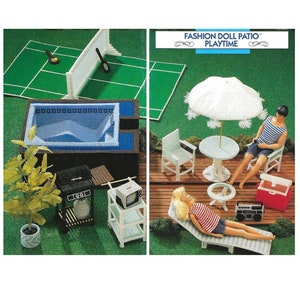 May include: A plastic canvas craft pattern for a dollhouse patio set. The pattern includes a swimming pool, grill, TV stand, lounge chair, umbrella, table, and chairs. The pattern is titled "Fashion Doll Patio Playtime".