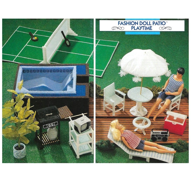 May include: A plastic canvas craft pattern for a dollhouse patio set. The pattern includes a swimming pool, grill, TV stand, lounge chair, umbrella, table, and chairs. The pattern is titled "Fashion Doll Patio Playtime".