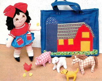 Vintage Sewing Pattern Rag Doll Farm Tote Animals Pig Sheep Horse Chicken Dog Soft Toys