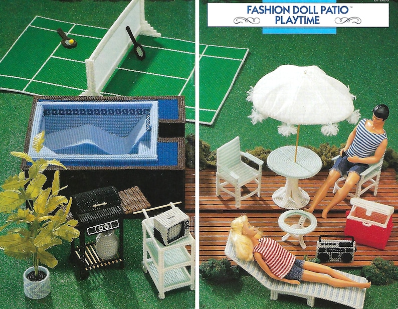 May include: A plastic canvas dollhouse patio set with a pool, grill, lounge chair, table and chairs, and a doll. The set is decorated with a white umbrella and a green lawn. "FASHION DOLL PATIO" PLAYTIME is written on the top of the image.