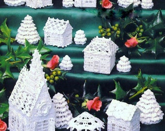 INSTANT DOWNLOAD PDF Vintage Crochet Pattern  White Christmas Village   Christmas Decorations Church Cottage