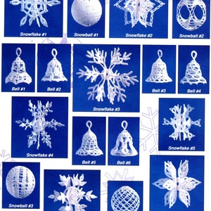 May include: A collection of crochet patterns for snowflakes, bells, and snowballs. The patterns are numbered 1 through 7. The patterns are printed on a blue background.