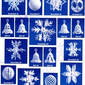 Vintage Crochet Pattern  Snowballs Snowflakes Bells   Christmas Tree Decorations   Tree Trims  Baubles Holiday Ornaments  White Thread