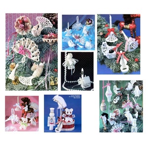 May include: A collection of crocheted ornaments in white and pink, featuring various designs like angels, birds, bells, and a fan. The ornaments are displayed on a green pine tree branch and a white background.