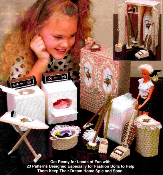 RETIREMENT SALE *** Vintage Pattern Plastic Canvas Fashion Doll Laundry Room Dolls House Furniture Washing Machine Iron Ironing Board Vacuum