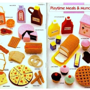 May include: A colourful felt craft set featuring various food items, including a milk carton, orange juice, syrup bottle, fried egg, bacon, waffle, toast, bologna sandwich, Swiss cheese, pizza, french fries, cake with slices, hot dog and bun, onion ring, loaf of bread, cupcake, butter and dish, lattice pie, ice cream carton, ice cream cone, ice cream sundae, ketchup and mustard, salt and pepper shakers. The set is titled "Playtime Meals & Munchies".