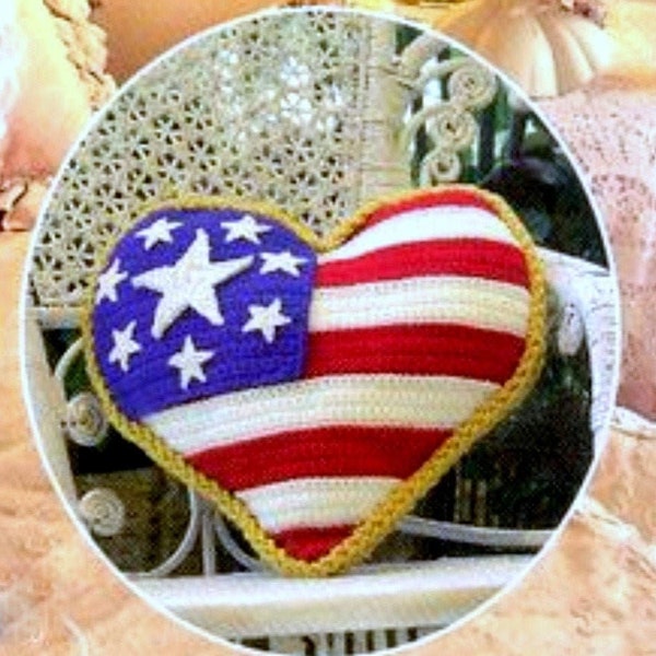 vintage Crochet Pattern for America Heart Pillow Cushion Stars and Stripes USA Flag Patriotic Independence Day États-Unis 4 juillet