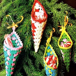 Vintage Crochet Pattern  Christmas Cornucopias Candy Cones  Treat Pockets Granny Square Holiday Ornament Decoration Tree Trims Cornucopia