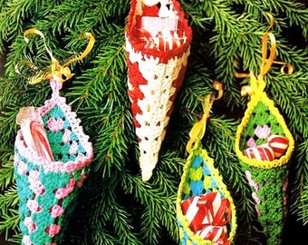 Vintage Crochet Pattern  Christmas Cornucopias Candy Cones  Treat Pockets Granny Square Holiday Ornament Decoration