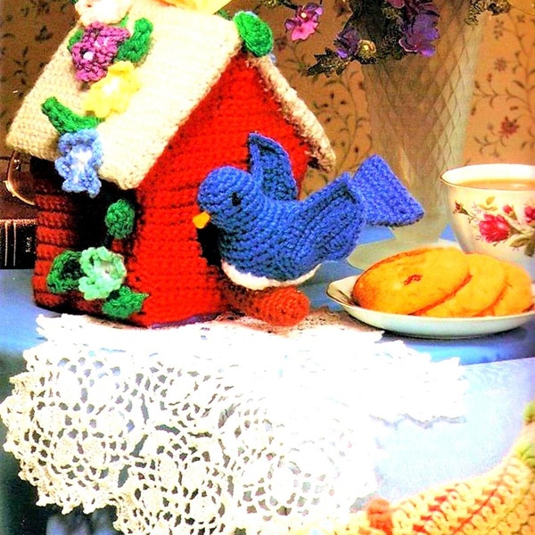 INSTANT DOWNLOAD PDF Vintage Crochet Pattern  Bird Box House Tissue Box Cover Bluebird Spring Wreath