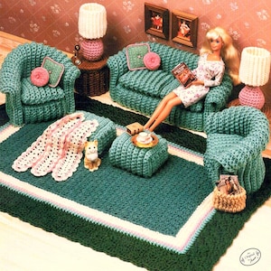 Vintage Crochet Pattern PDF  Fashion Doll Home Decor  House Furniture Living Room Chair Sofa Rug Lamp