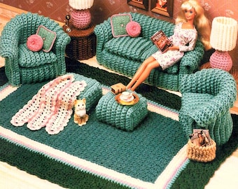 Vintage, motif au crochet, PDF, poupée tendance, décoration d'intérieur, meubles de maison, salon, chaise, canapé, tapis, lampe