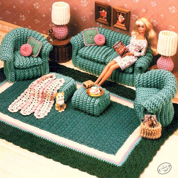 Vintage, motif au crochet, PDF, poupée tendance, décoration d'intérieur, meubles de maison, salon, chaise, canapé, tapis, lampe