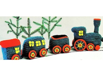 INSTANT DOWNLOAD PDF Vintage Crochet Pattern   Holiday Train Engine Carriage Passenger Car  Toy Retro