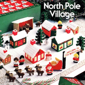 RETIREMENT SALE *** Plastic Canvas Pattern  Santa&#39;s North Pole Village  Christmas Holiday Decoration  Toy Town Sleigh Reindeer Elf Tree Barn