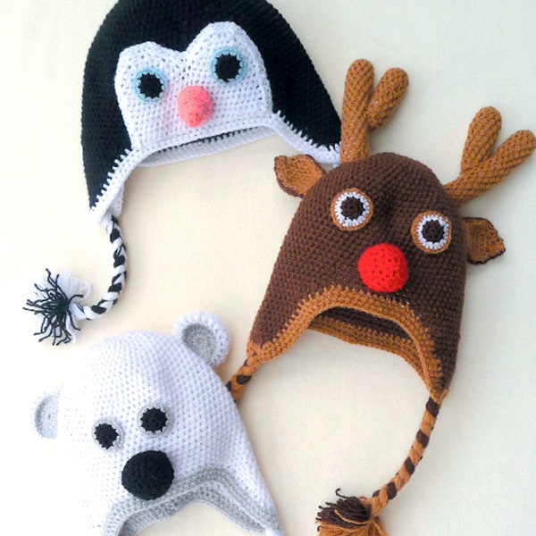 Crochet Pattern  Novelty Animal Hats Penguin Polar Bear Reindeer Childrens Adult 21-24ins  DK Christmas Gift Vintage   Ear Warmer  Helmet